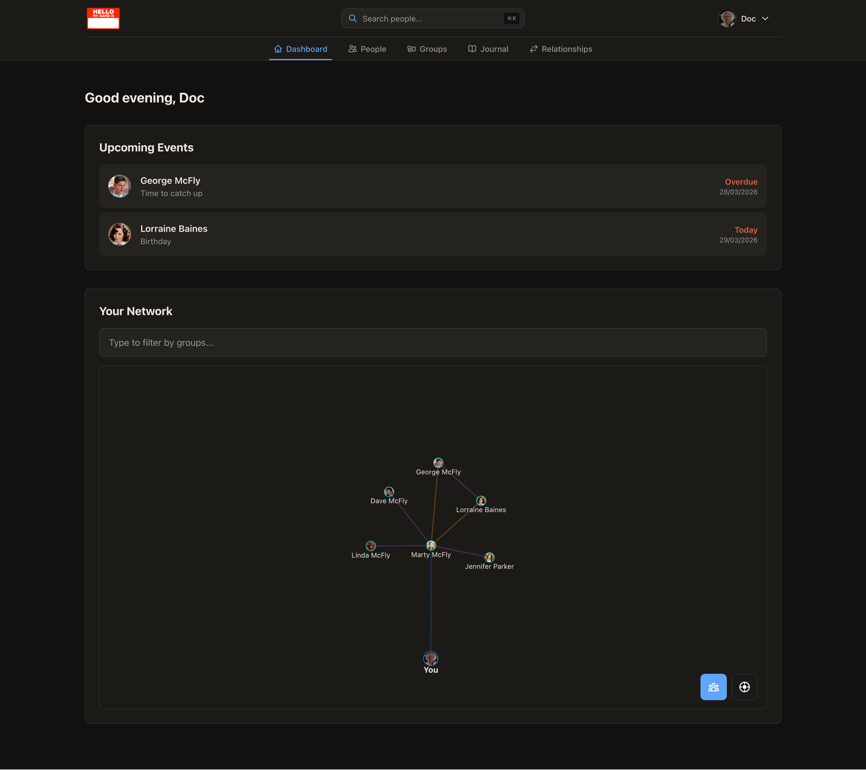 Nametag dashboard showing a network graph and upcoming events