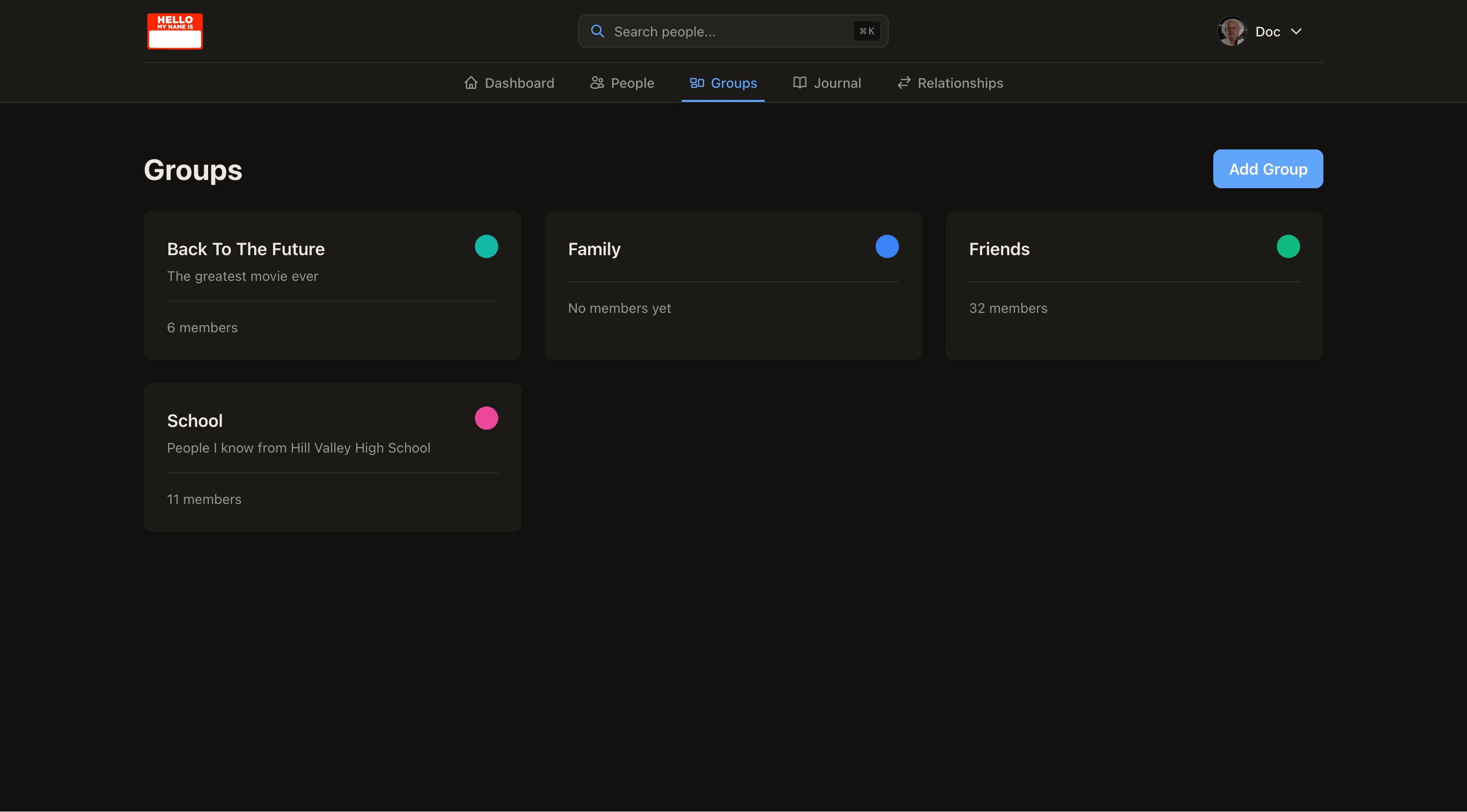 Nametag groups page with color-coded categories