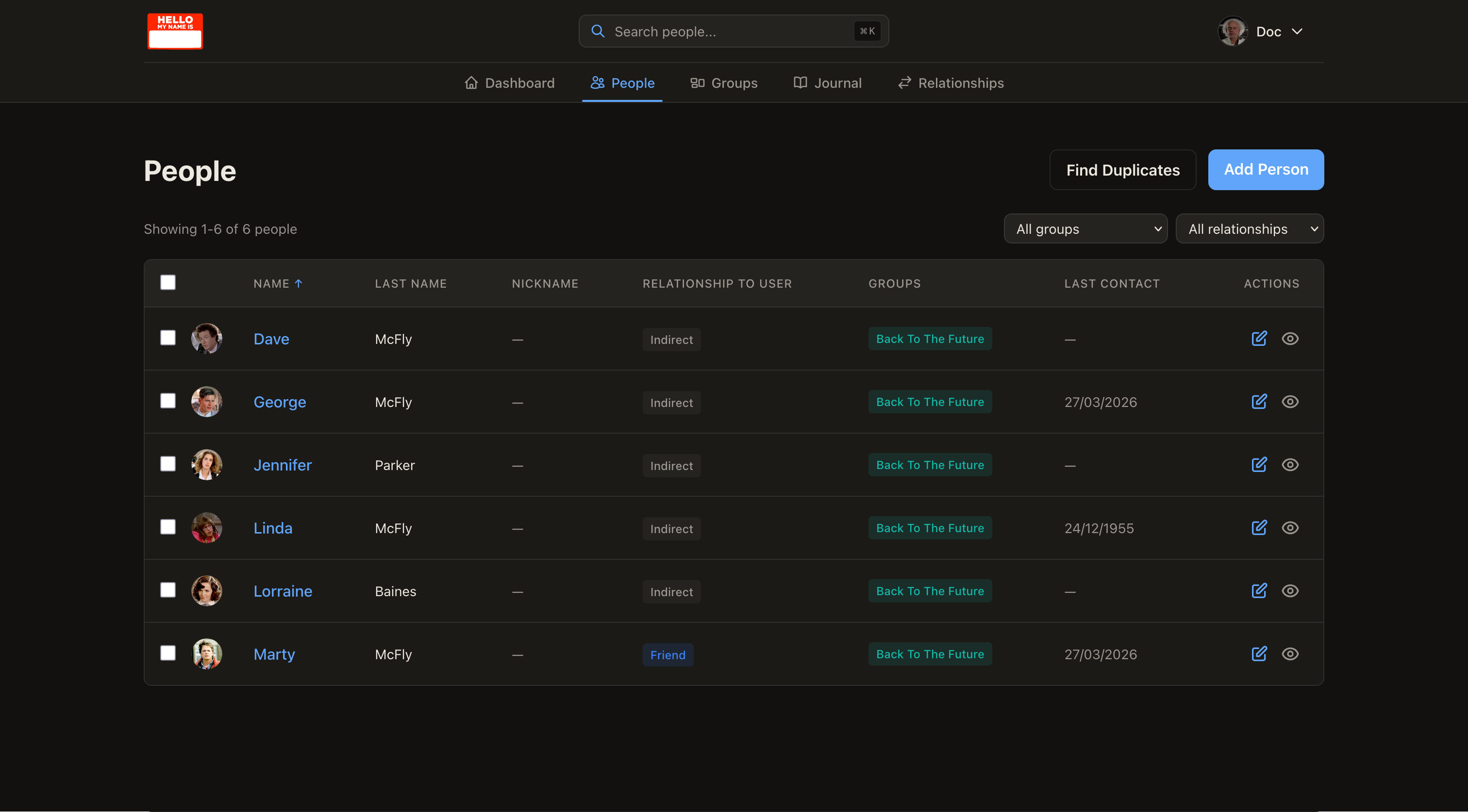 Nametag people list with search and filters